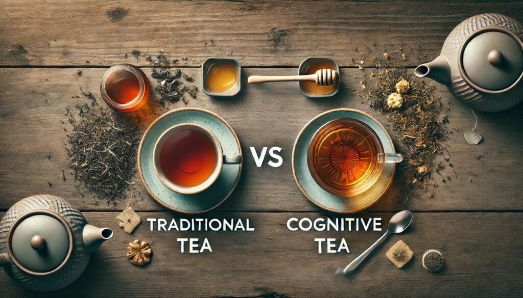 A cup of traditional tea alongside a modern cognitive tea blend displayed on a rustic table.