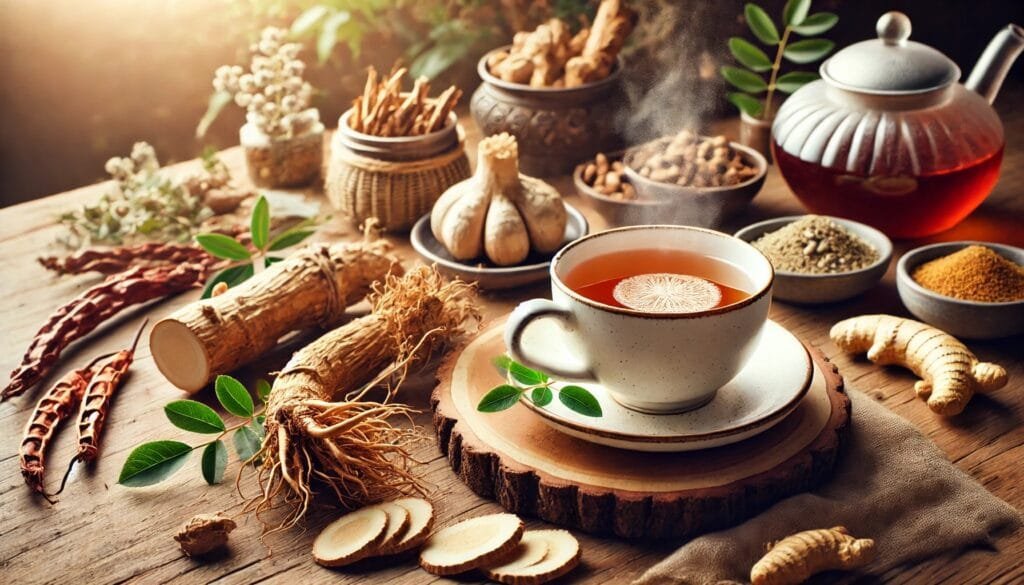 Steaming cup of adaptogenic tea with fresh herbs for brain health.