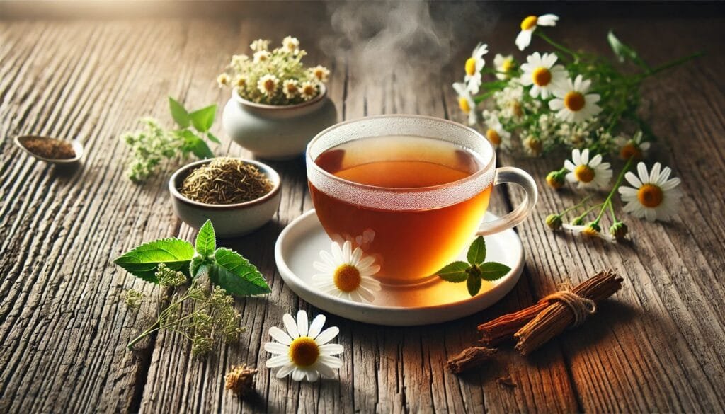 Header image showing a calming cup of herbal tea with steam rising, surrounded by chamomile flowers, lemon balm leaves, and ashwagandha root