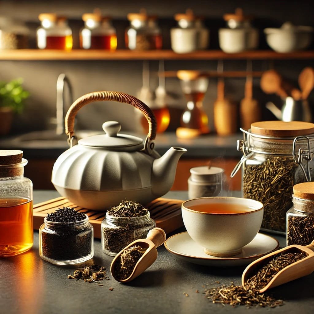 High-quality loose-leaf tea and brewing equipment arranged on a kitchen counter.