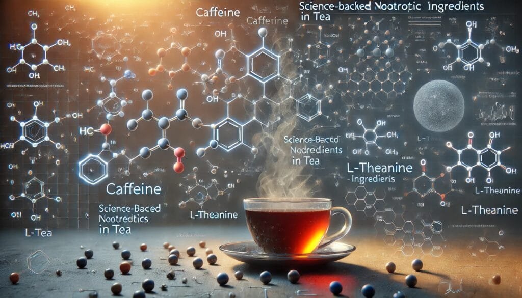 Illustration of tea’s nootropic compounds including caffeine and L-theanine, highlighting scientific research