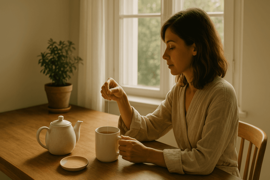 Morning tea ritual with sunlight streaming through window, showing a person mindfully preparing green tea