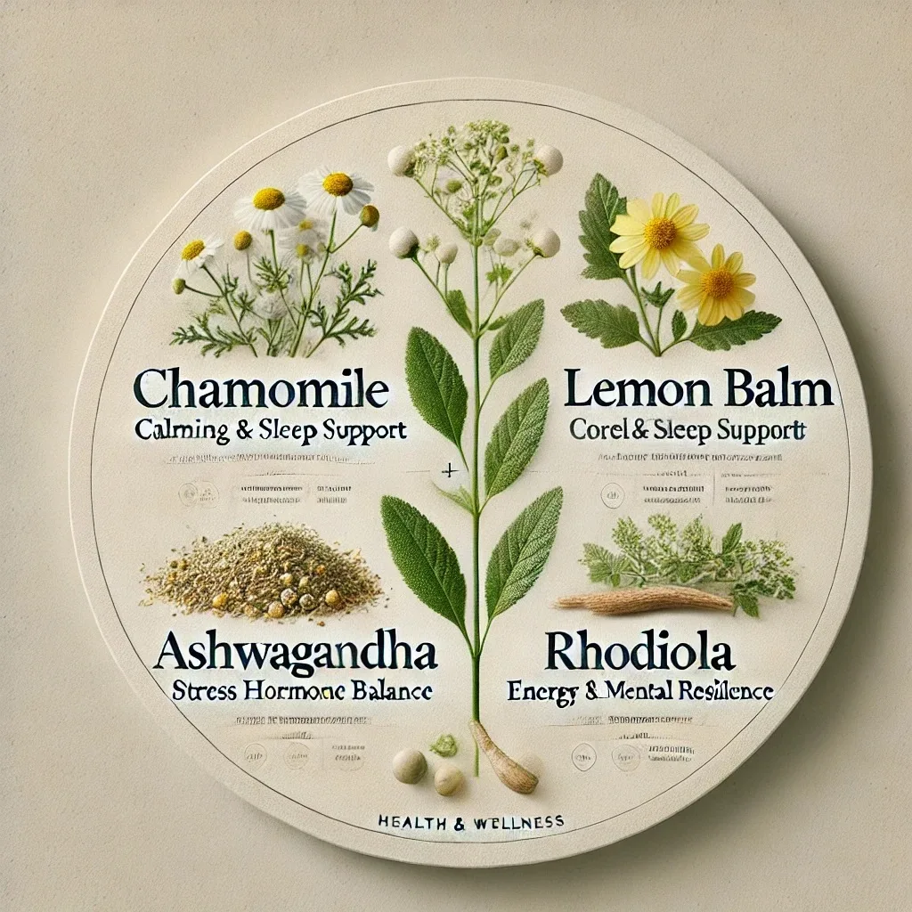 A visual guide to stress-relieving herbs, displaying dried chamomile flowers, lemon balm leaves, ashwagandha root, and rhodiola root with labels indicating their key benefits