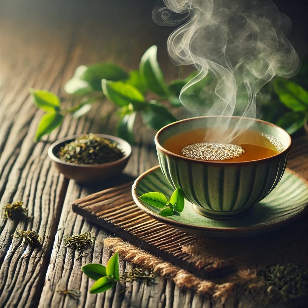 A cup of green tea with fresh leaves on a wooden table