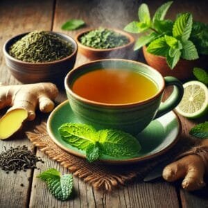 Image 2 A vibrant cup of classic green tea boost with fresh ingredients displayed on a wooden table.
