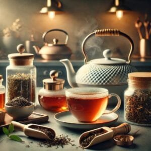 Image1 High-quality loose-leaf tea and brewing equipment arranged on a kitchen counter.