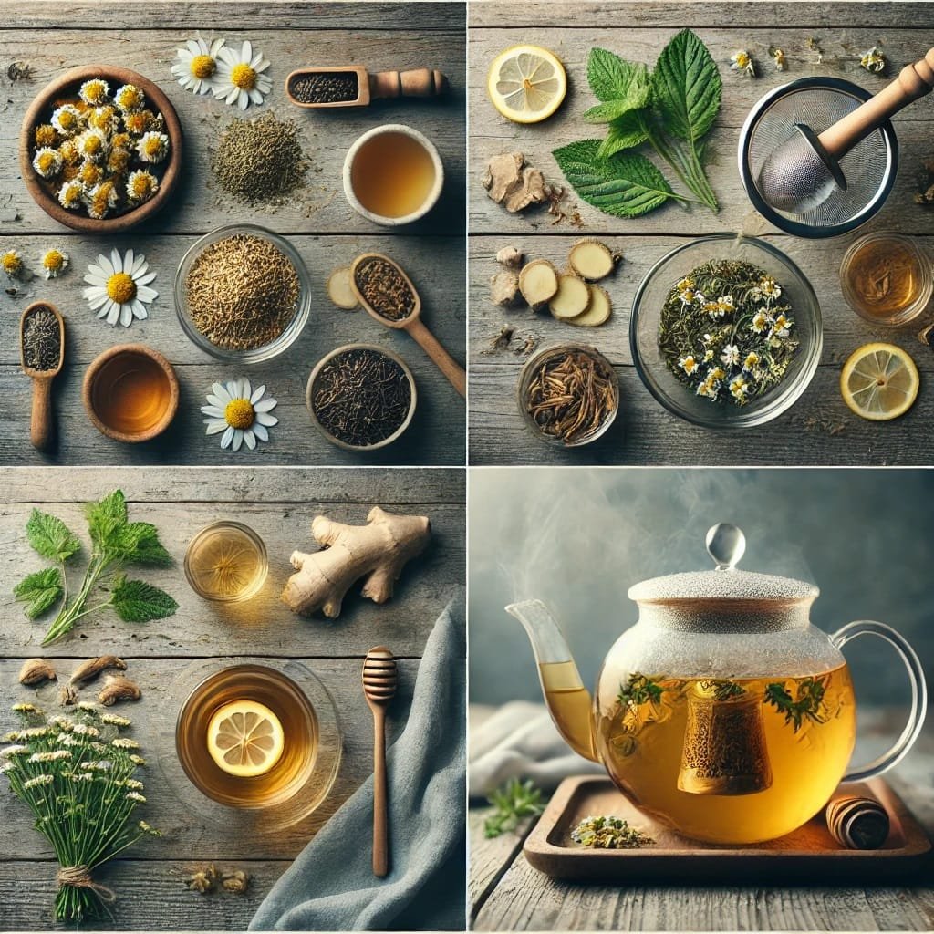 Image4 Step-by-step photo guide showing the preparation of herbal tea blends, with ingredients laid out and the final brewed tea