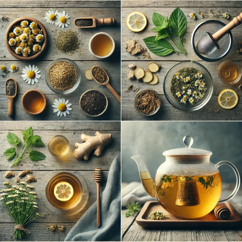 Step-by-step photo guide showing the preparation of herbal tea blends, with ingredients laid out and the final brewed tea