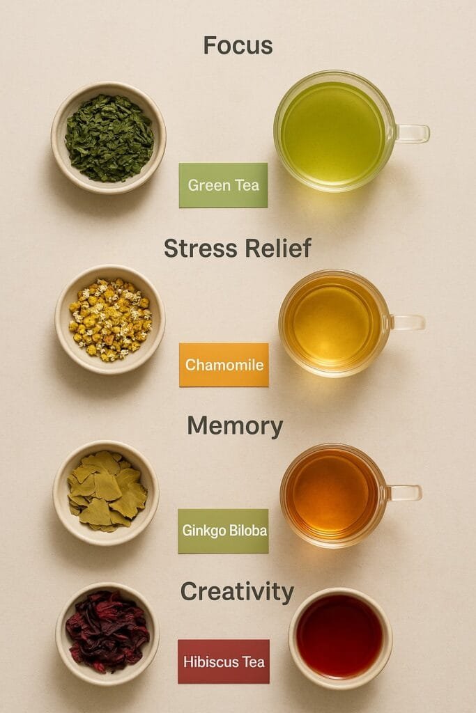 Image7 Assortment of different teas categorized by their cognitive benefits