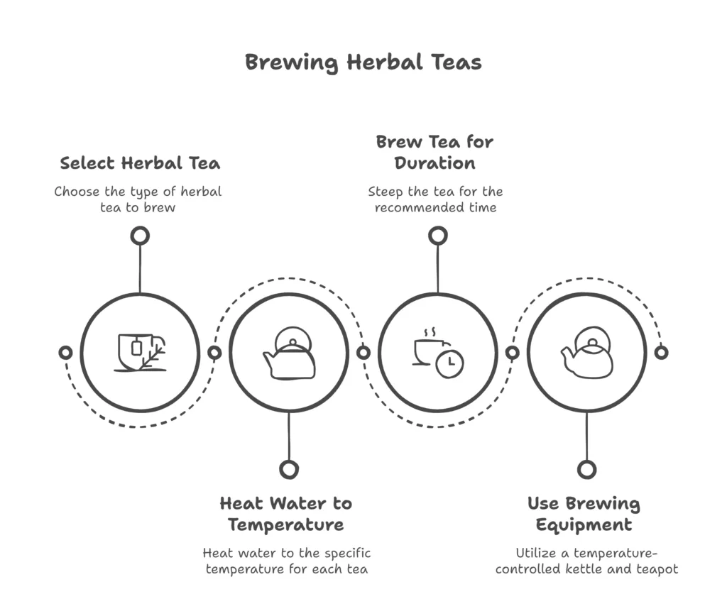 Infographic showing optimal brewing temperatures and times for different herb types, with visual representations of proper brewing equipment