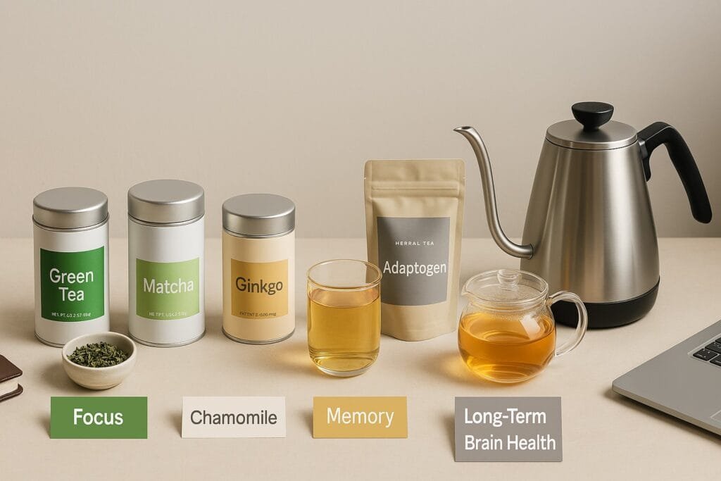 Professional tea selection for cognitive performance with brewing accessories